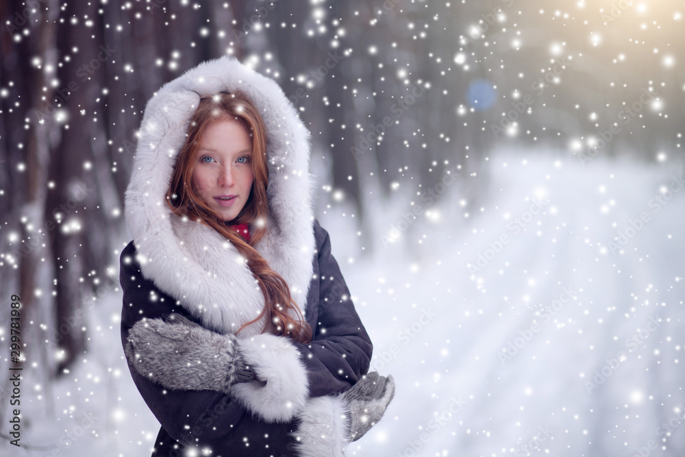 Fairy tale girl in sheepskin coat in magic forest. Fairy tale girl in sheepskin coat in magic forest.