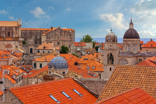 Dubrovnik town houses red roofs, Cathedral church architecture, Croatia