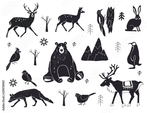 Fototapeta Naklejka Na Ścianę i Meble -  Vector set of northern animals silhouettes. Set of winter animals. Merry Christmas and New year. Design element poster, banner, invitation, congratulations, postcards.