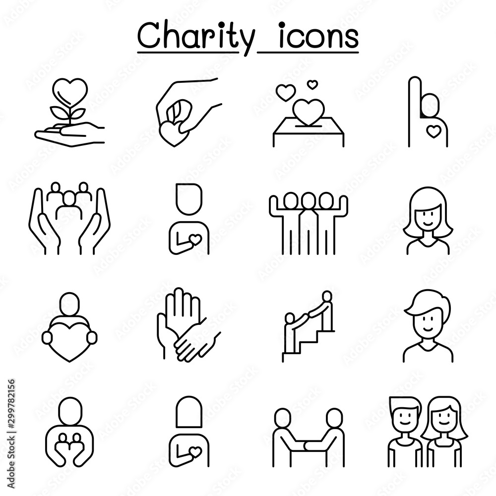 Charity, Kindness, Friendship, care icon set in thin line style Stock ...