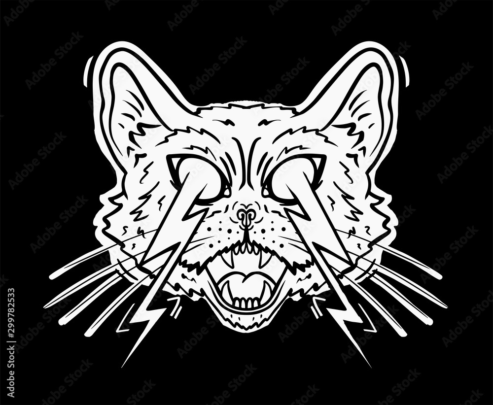 black and white crazy cat tattoo with lightning Stock Vector | Adobe Stock