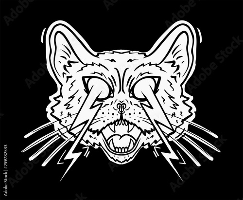 black and white crazy cat tattoo with lightning