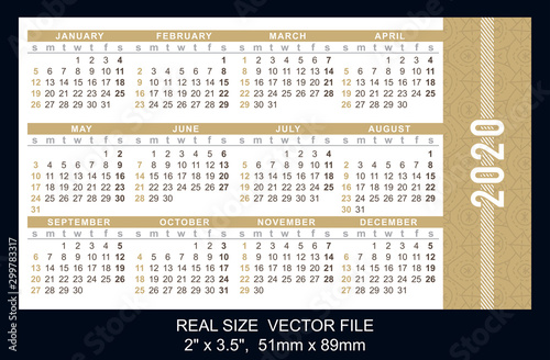 Pocket calendar 2020, start on Sunday, vector.SIZE: 2