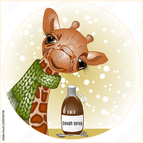 Sad sick giraffe, with a green knitted scarf around his neck, stands against of a window and snow flakes, and on the windowsill there is a bottle with medicine