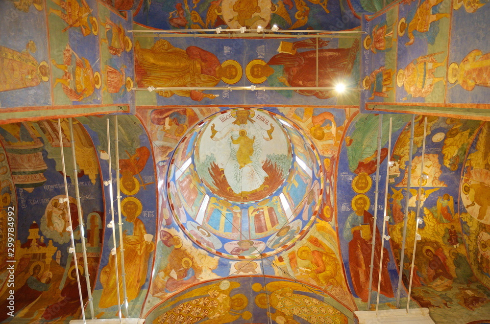 Obraz premium Suzdal, Russia - July 26, 2019: Painting of the Transfiguration Cathedral in the Spaso-Evfimiev monastery. The Golden ring of Russia