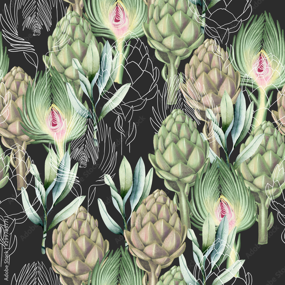 Fototapeta premium Watercolor artichoke and leaves seamless pattern, hand drawn graphic design on a dark background