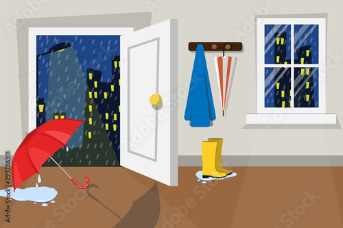 Flat vector illustration in room interior design. Rainy night city view. Rain drops on night sky in monsoon season. Wet boots and red umbrella after the rain. Water to overflow on the floor.