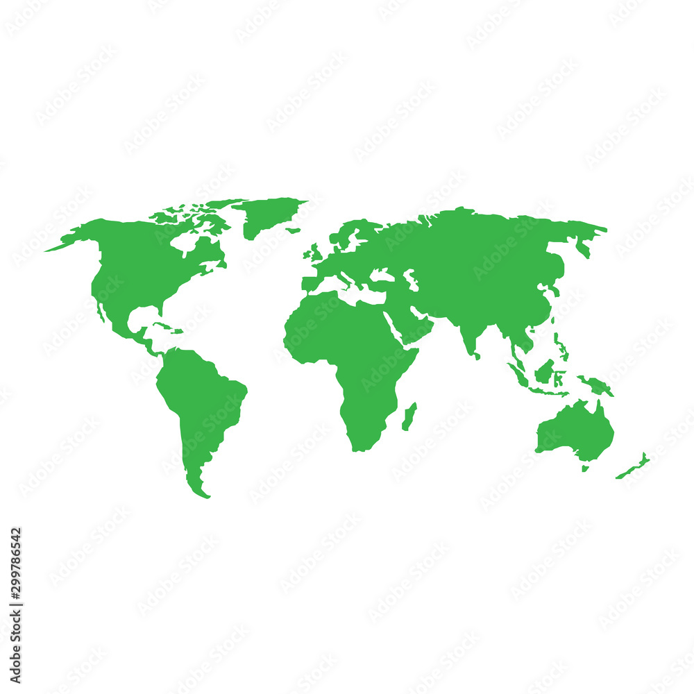 World map vector flat design. Earth map illustration. Green planet on white background.