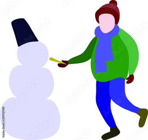 Snowman and kid making a snowman in winter  .Illustration of happy children  building snowman in hand drawn cartoon style. Winter season scene for festive.