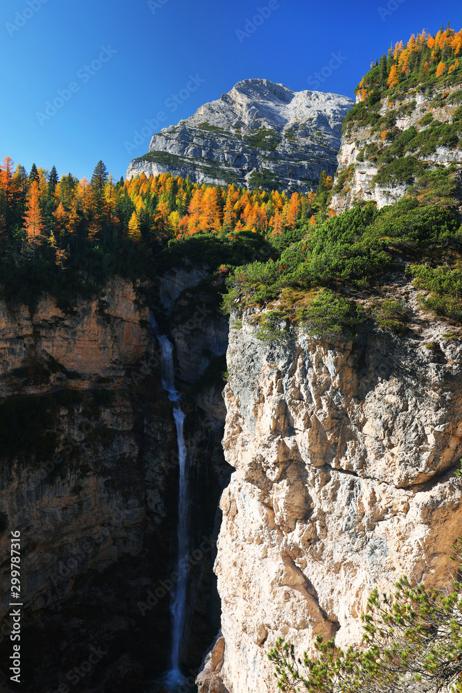 Fanes Waterfall in the Dolomites, Italy, Europe