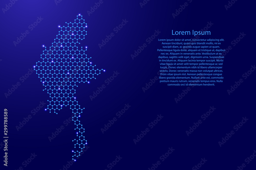 Myanmar map from futuristic hexagonal shapes, lines, points  blue and glowing stars in nodes, form of honeycomb or molecular structure for banner, poster, greeting card. Vector illustration.