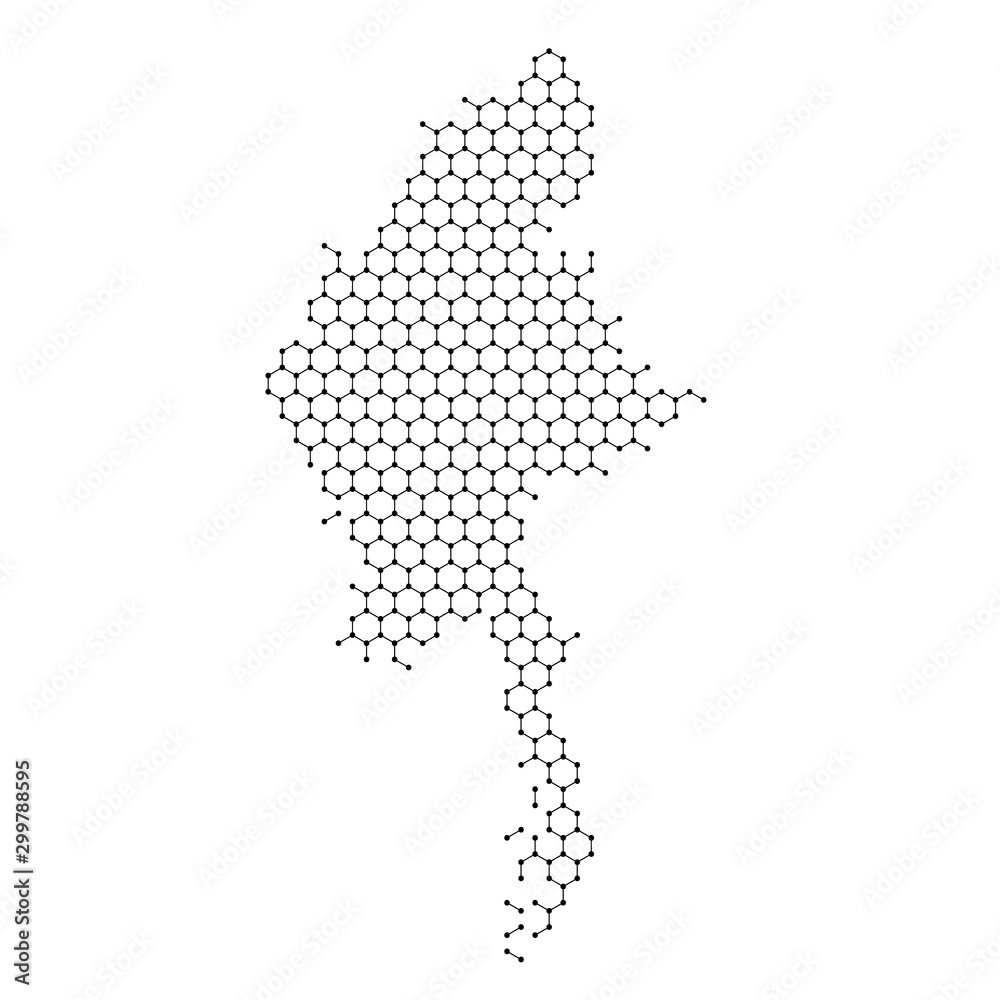 Myanmar map from abstract futuristic hexagonal shapes, lines, points black, form of honeycomb or molecular structure. Vector illustration.