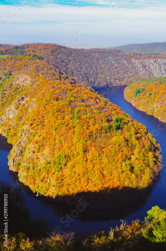 Amazing Vyhlidka Maj, Lookout Maj, near village Teletin, Czechia. Meander of the Vltava river surrounded by autumn forest viewed from above. Colorful fall trees. Tourist attractions in Czech nature photo