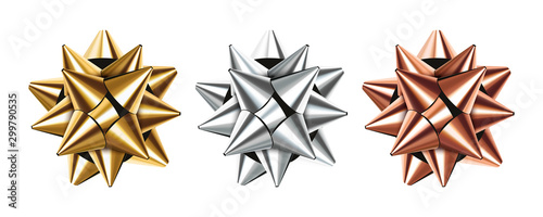 Gold, silve and bronze bows set. Eps10 vector.