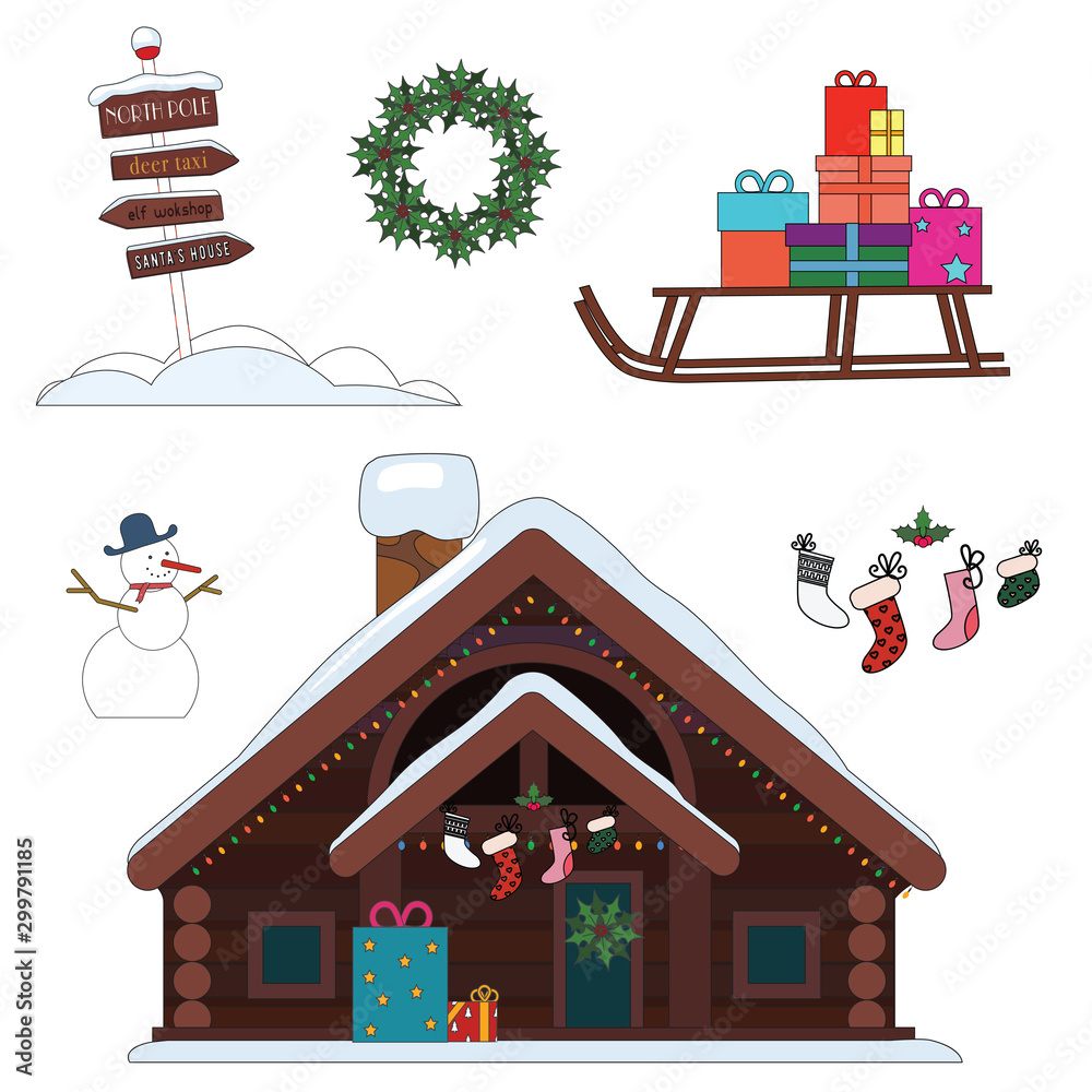 Winter holiday illustration set with a house