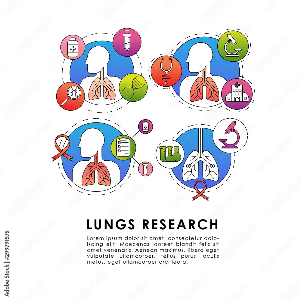 Lungs system inspection concept. Pulmonology of human vector illustration for website, logo, app icon, banner. Medical research for Fibrosis, Asthma, Tuberculosis, Pneumonia, Cancer. Lung line art Vec