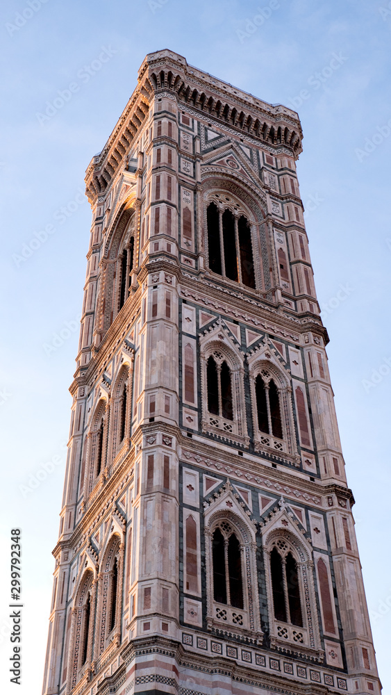 Famous tower of the Cathedral Santa Maria del Fiore in Florence, Italy. Vertical shot.