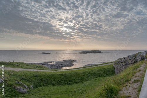 Foroya island and cliffs at dusk, near Bleik, Norway