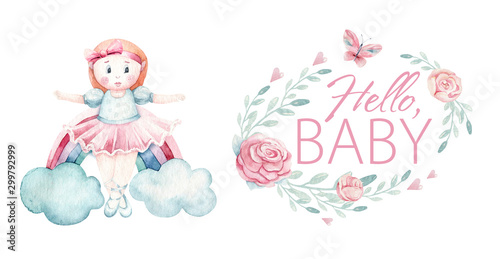 Baby shower watercolor girl design elements. Set of baby pink birthday illustration. Newborn party invitation