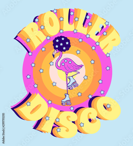 print on a T-shirt in the style of 70s, flamingos on rollers with afro, disco roller