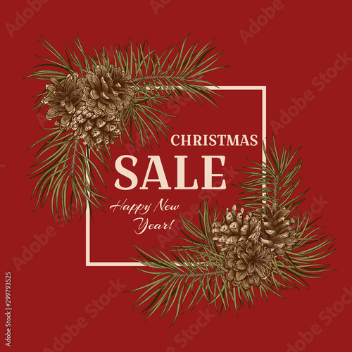 Christmas sale. Vector banner. Christmas red background. Vector illustration with Pine, cones.