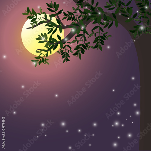 full moon night And beautiful firefly lights. © pawa-pawa