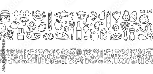 Seamless pattern supermarket grosery store food, drinks, vegetables, fruits, fish, meat, dairy, sweets