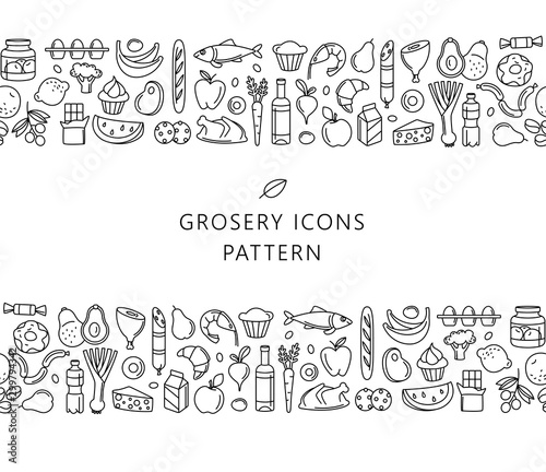 Seamless pattern supermarket grosery store food, drinks, vegetables, fruits, fish, meat, dairy, sweets