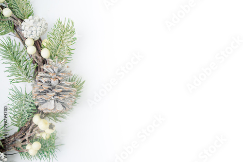 Top view of Christmas round wreath made of natural with pinecones winter and Christmas concept.Flat lay background for text.