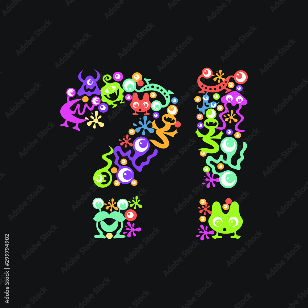 Monster font. Question mark and exclamation point made of yellow, pink, green, blue, orange blots, eyes and funny monsters Monster font. Question mark and exclamation point made of yellow, pink, green, blue, orange blots, eyes and funny monsters