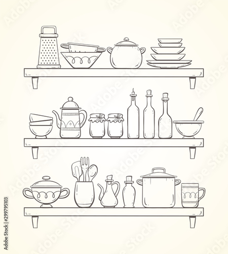 Hand-drawn kitchen supplies on shelves. Three shelves with plates, bottles, teapot, pots and other kitchenwares.
