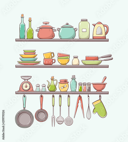 Cute hand-drawn kitchen shelves with pots, bottles, dishes, pans, condiments and other kitchenwares. Pans and kitchen supplies hanging on hooks. Colorful version. Isolated on light background.