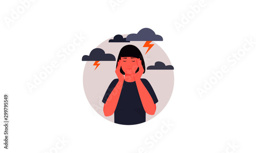 Depressed woman vector illustration. Flat female character - sad young woman surrounded with thunderclouds. Mental health concept.