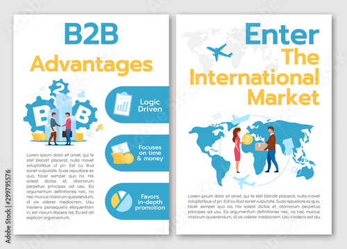 B2B Advantages brochure template. Flyer, booklet, leaflet concept with flat illustrations. Enter international market. Vector page cartoon layout for magazine. advertising invitation with text space
