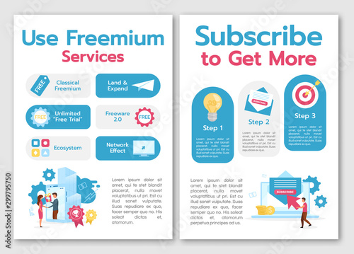Use freemium services brochure template. Subscribe to get more. Flyer, booklet, leaflet concept with flat illustrations. Vector page cartoon layout for magazine. advertising invitation with text space
