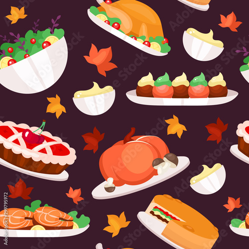 Thanksgiving day flat vector seamless pattern. Autumn anuual holiday background. Turkey, pumpkin and pie texture with cartoon color icons. Festive food wrapping paper, wallpaper design
