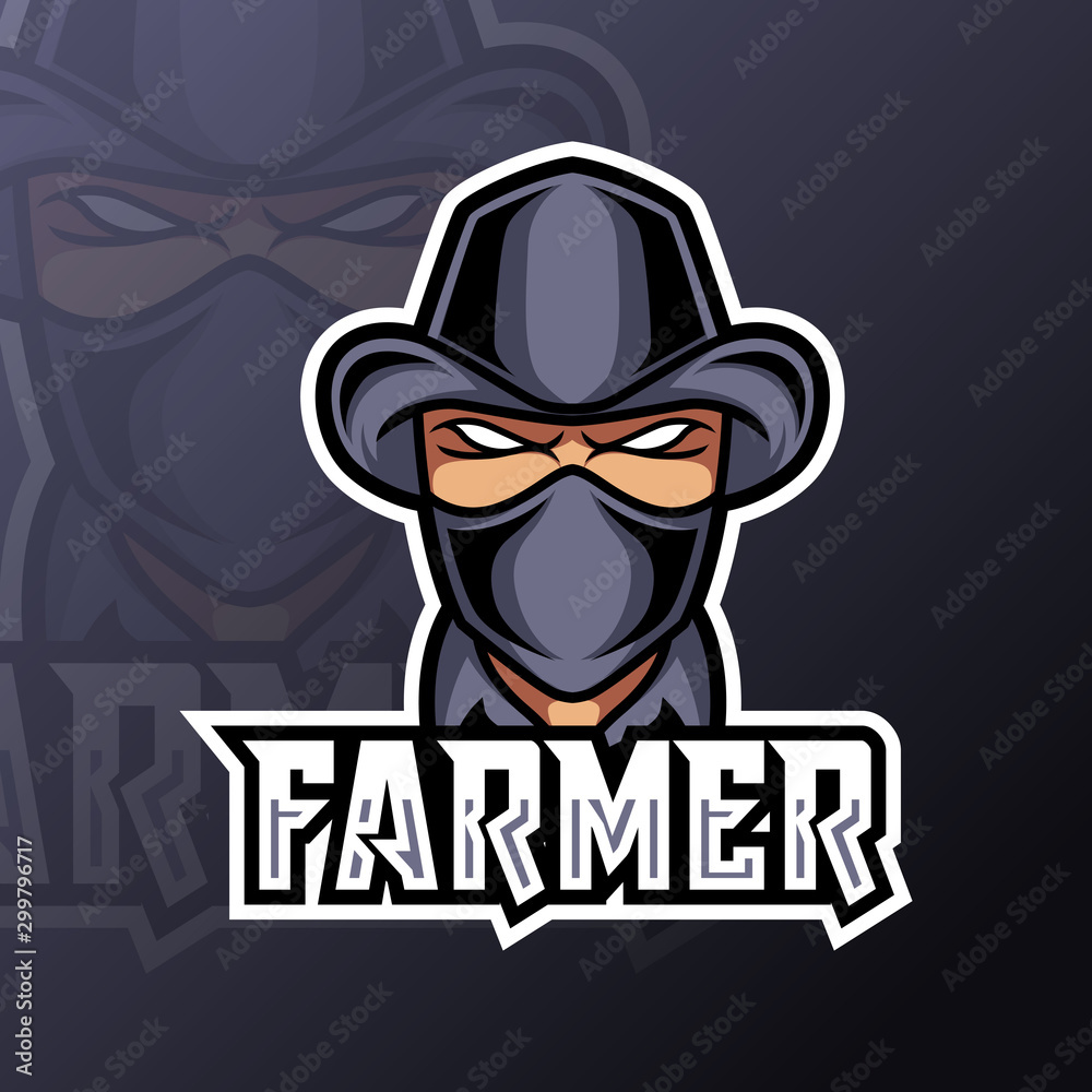 Farmer man mascot gaming logo design black suit mask and hat