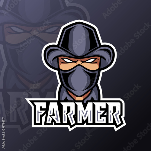 Farmer man mascot gaming logo design black suit mask and hat