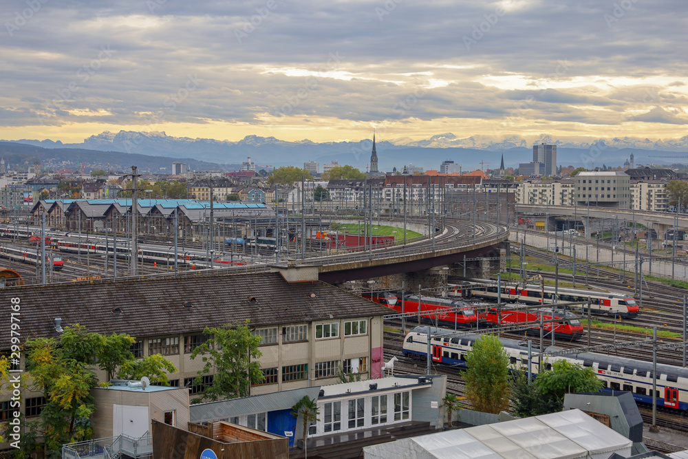 Zurich, Switzerland-October 18,2019:View of building and transportation is old and beautiful from firetag shop in Zurich, Switzerland