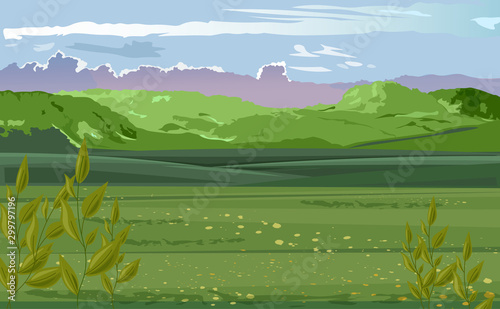 Pastoral scenery of green field with tea leaves on foreground. Mountains and cloudy sky. Vector