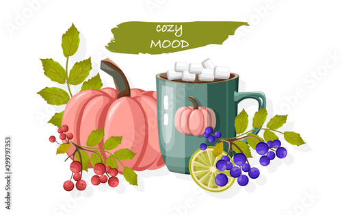 Autumn cozy composition with cup of hot chocolate with marshmallows. Red and ...