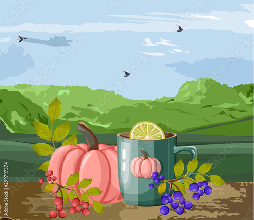Autumn cozy composition with cup of hot chocolate with marshmallows. Red and ...
