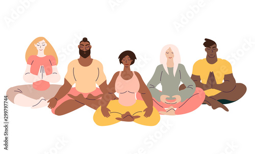 Flat style cartoon cute character, diverse group of people doing meditation in yoga pose. Healthcare, wellbeing, exercise, stress relief concept. Minimal vector illustration.