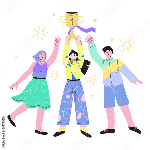 Vector illustration of a business team celebrating success or victory. Take first place, win trophy cup, successful teamwork strategy or number one concept. Happy people isolated on white background.