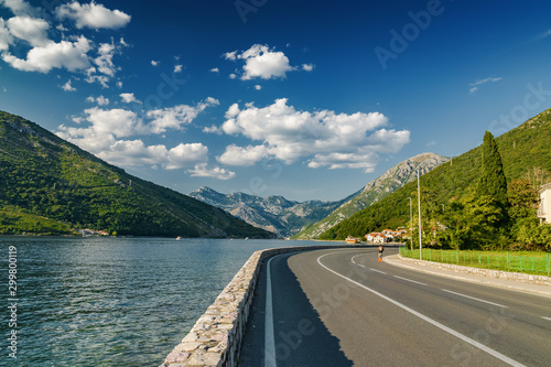 Sunset view of Kotor bay near Tivat, Montenegro.