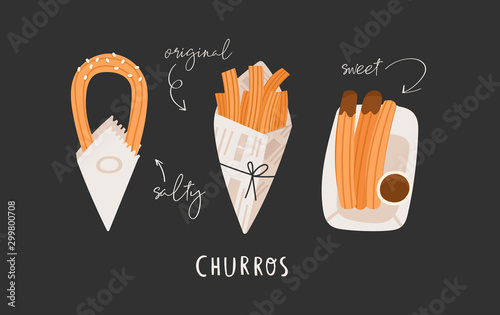 Various types of tasty churros. Salty and sweet. Traditional spanish food. Fried dough. Tejeringos. Hand drawn colored trendy vector illustration. Cartoon style. Flat design. All elements are isolated