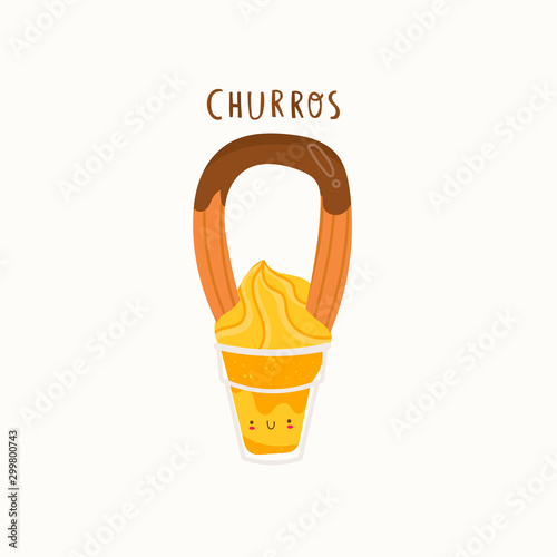 Tasty chocolate churros. Sweet churro with kawaii ice cream. Traditional spanish food. Fried dough. Tejeringos. Hand drawn colored trendy vector illustration. Cartoon style. Flat design