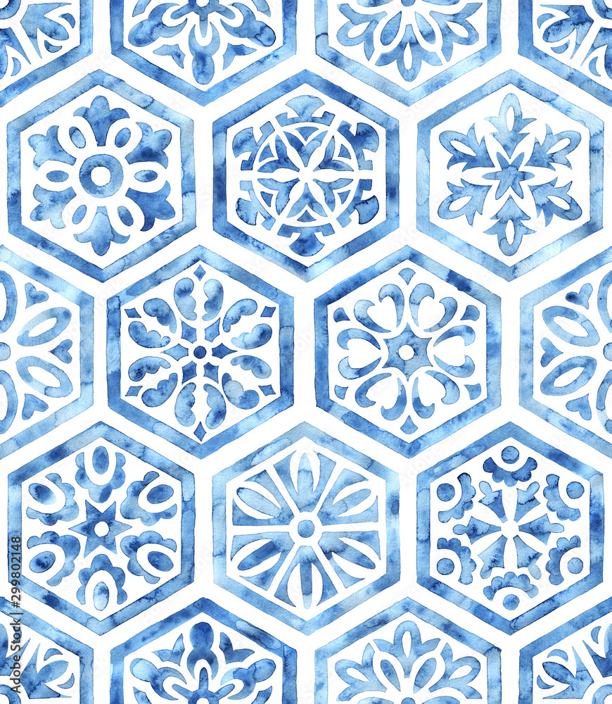 Fototapeta White and blue watercolor seamless pattern. Hexagonal tile drawn with a brush on paper. Print for textiles.