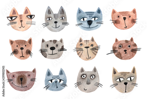 Set of muzzles of cats drawn by hand. Animal cartoon pattern for wrapping paper, textiles, posters, scrapbooking. Funny children's illustration.