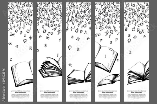 Bookmarks templates with letters and books. Sketch artwork on white background photo